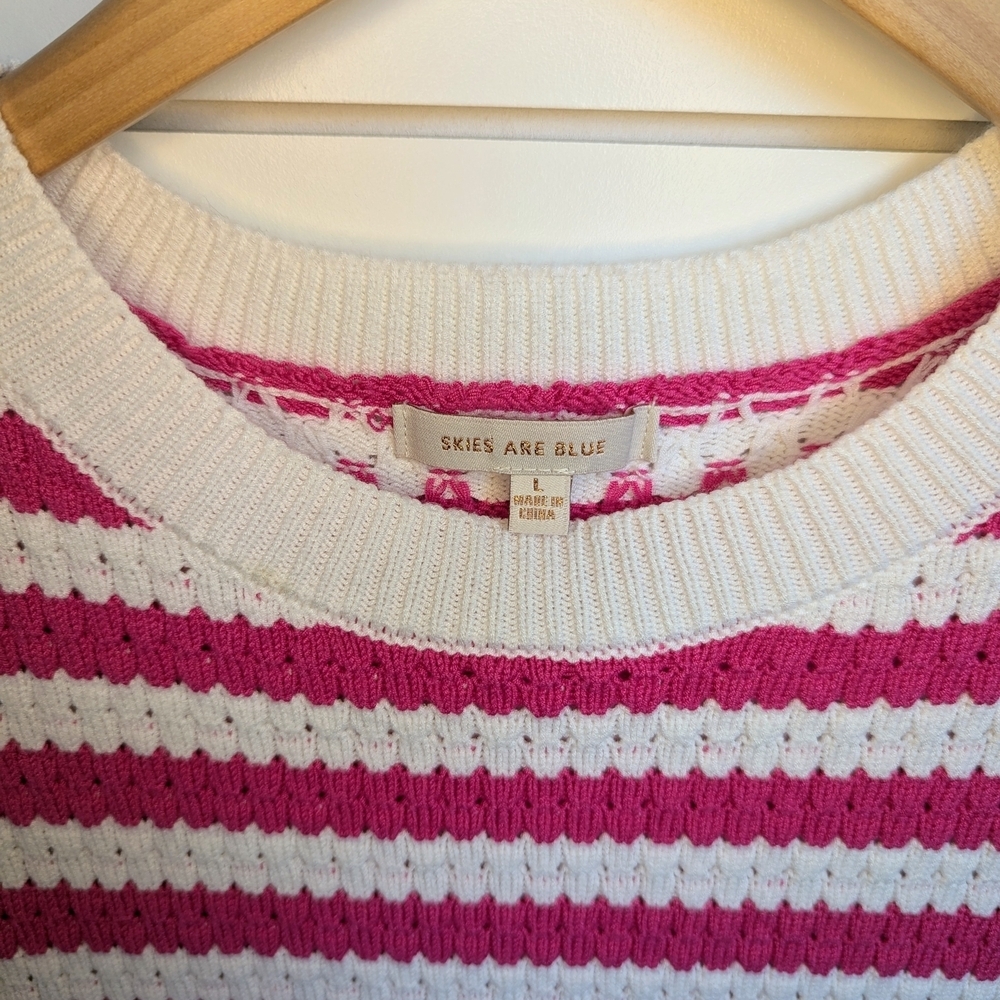 Open Stitch Short Sleeve Sweater Top Pink Stripe Large Skies Are Blue - Picture 2 of 5
